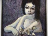 painting of a woman holding a flower in front of a purple background