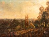 painting of a landscape with figures in the foreground and trees in the background