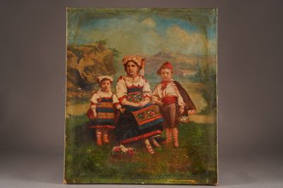 an old painting of three children sitting on a bench in a field