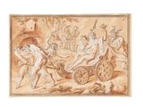 a drawing of a scene with a chariot being pulled by two men