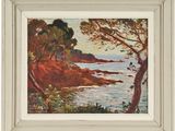 un tableau représentant un paysage avec des arbres et un plan d'eau
