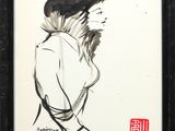 an ink drawing of a woman in a white shirt and black hat