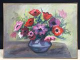 a painting of flowers in a blue vase on a table