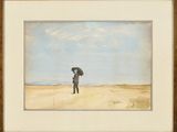 un tableau représentant un homme tenant un parapluie sur la plage