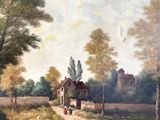 a painting of a house in the middle of a field