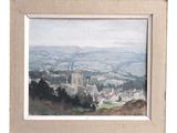 an oil painting of a view of a town with a castle in the distance