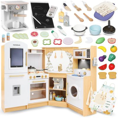 wooden play kitchen set with appliances and accessories including a microwave, stove, oven, sink, microwave oven and other kitchen accessories