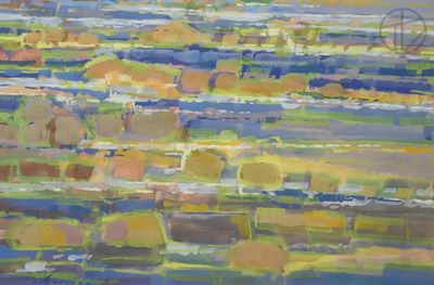 peinture abstraite représentant un champ d'herbe et de rochers, avec un ciel bleu en arrière-plan