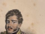 portrait of a man wearing a blue coat and a red scarf