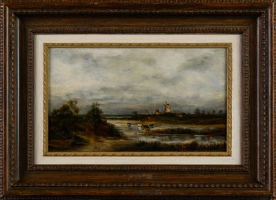 peinture représentant un paysage avec une rivière et une église au loin