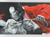 un tableau représentant un homme tenant un couteau à côté d'une femme en robe rouge