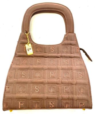 the purse is brown and has a small tag on it