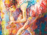 a painting of a woman in a blue dress and white ballet shoes