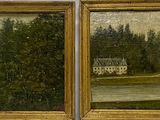 deux tableaux représentant une rivière et une maison dans une forêt