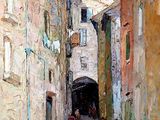 une peinture à l'huile représentant une ruelle étroite dans laquelle une personne marche