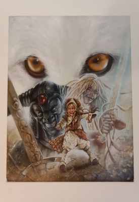 une image représentant un tableau où figurent un loup et une jeune fille armée d'une épée