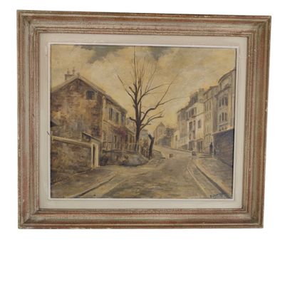 une peinture à l'huile représentant une scène de rue avec des bâtiments et un arbre