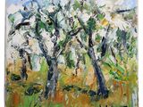 an oil painting of a group of trees in a field