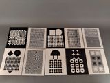 six black and white cards with different designs on them