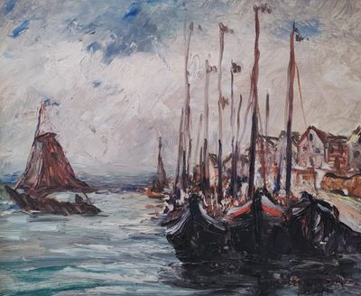 peinture de bateaux dans un port avec des bâtiments en arrière-plan