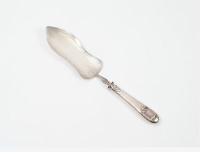 une cuillère en argent avec un manche en argent posée sur une surface blanche