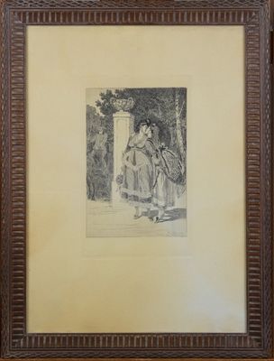 an old picture of a woman in a dress is hanging on a wall