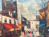 a painting of people walking down a street in the rain