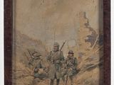 an old picture of a group of soldiers standing in a desert