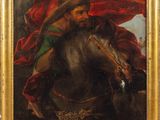 an oil painting of a man on a horse with a red cape