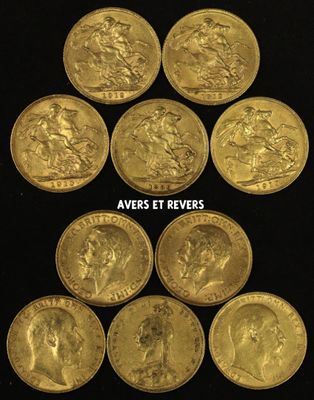 six different types of gold coins are arranged in a pyramid