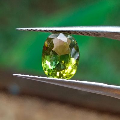 un gros plan d'une pierre précieuse verte tenue par une paire de pinces
