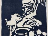black and white drawing of a man sitting at a table with a plate of food
