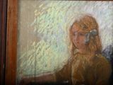 a painting of a woman with a bird on her head