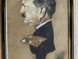 painting of a man in a suit holding a palette and a box