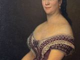 a painting of a woman in a purple dress sitting on a red chair
