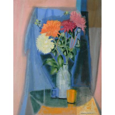 painting of flowers in a vase on a table next to a blue curtain