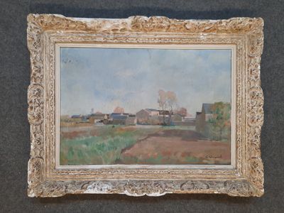 une image d'un tableau représentant une scène de ferme dans un cadre doré