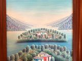 peinture représentant un paysage avec une rivière et une maison au milieu