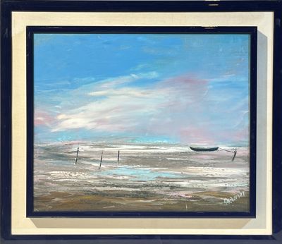 tableau représentant un bateau sur une plage, avec un ciel bleu en arrière-plan