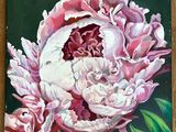 a painting of a pink peony on a wooden surface