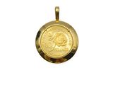 a close up of a gold coin on a white background