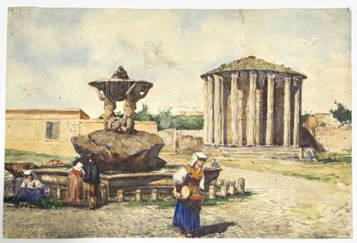une aquarelle représentant une fontaine entourée de personnes