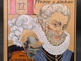 un vieux livre sur lequel figure l'image d'un homme barbu portant un chapeau