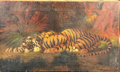 tableau représentant deux tigres se reposant au sol dans une zone boisée