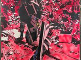 tableau représentant un homme aux skis dans un champ de fleurs rouges