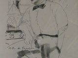 dessin représentant un homme coiffé d'un chapeau et portant un nœud papillon, debout devant un immeuble