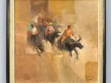 tableau représentant un groupe d'hommes chevauchant des taureaux
