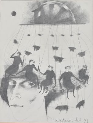 drawing of a drawing of a man with birds in his head