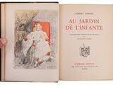 an open book with a drawing of a woman sitting in a chair