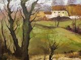 an oil painting of a farm scene with a stream in the foreground and trees in the foreground